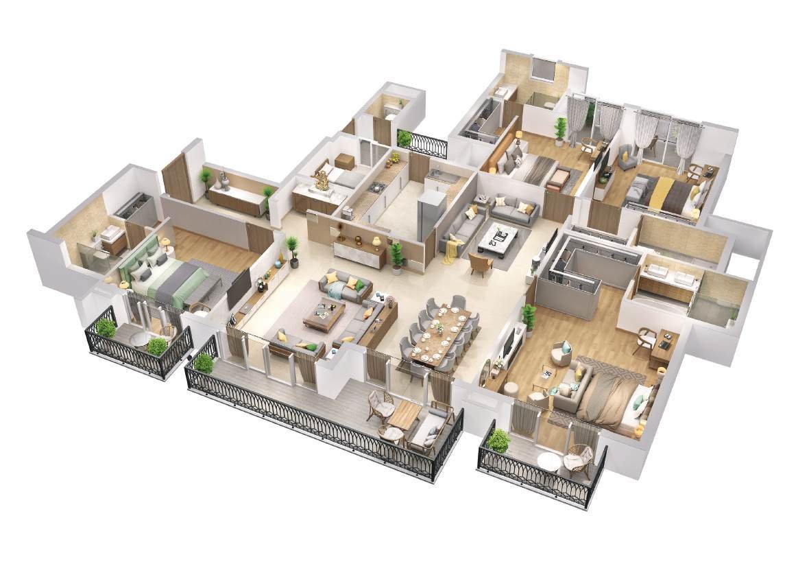 3D isometric floor plan visual for Type A 4 BHK residence