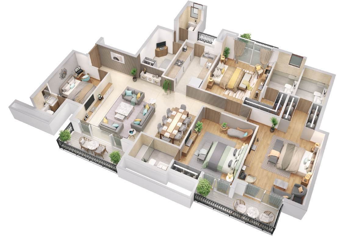3D isometric floor plan visual for Type B 3 BHK residence